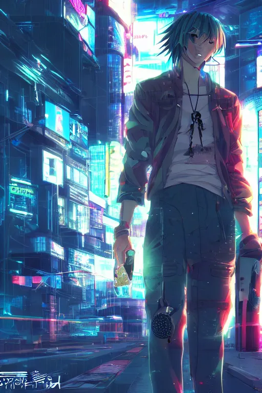 Image similar to beautiful anime man in a cyberpunk environment, sunset, very accurate and detailed, 8k