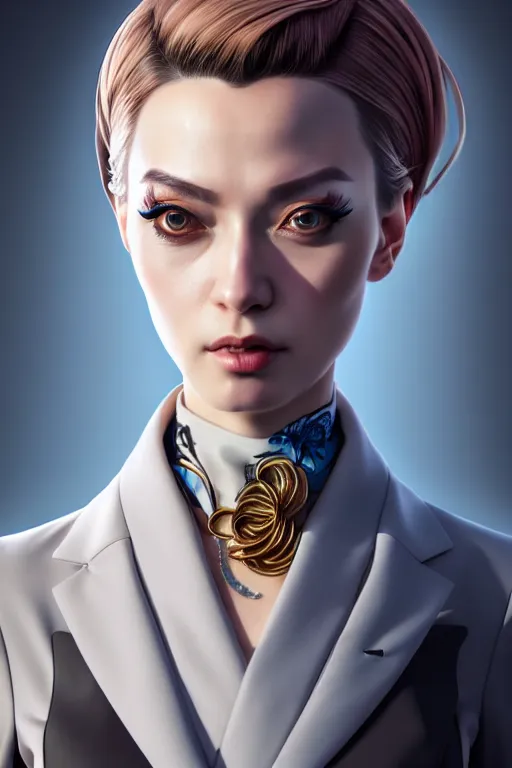 Prompt: hyperdetailed very close portrait of a european thirty years old woman in an elegant suit with a pin in a city inspired by ross tran and wlop and masamune shirow and kuvshinov, concept art, intricate, photorealistic, octane render, rtx, hdr, unreal engine, dnd digital art by artgerm fine face