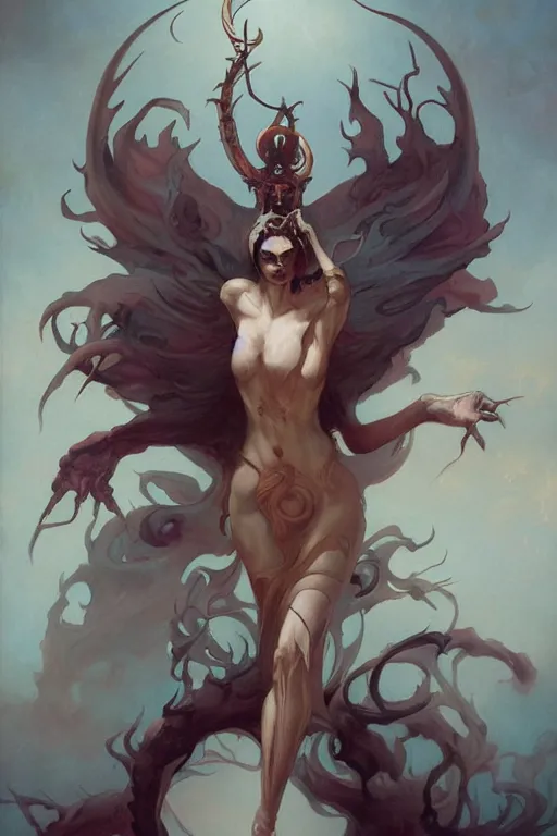 Prompt: Death spirit by Peter Mohrbacher in the style of Gaston Bussière, Art Nouveau