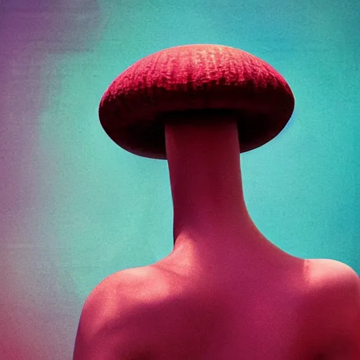 Prompt: cover art alien mushroom model girl side view photography model full body style of jonathan zawada, thisset colours simple background objective