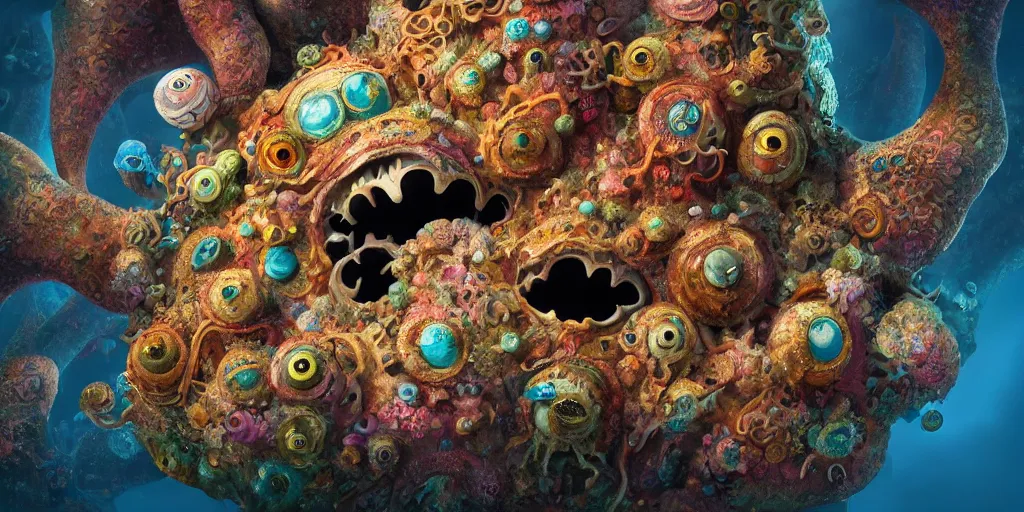 Image similar to of an intricate sea reef with strange cute friendly happy creatures with huge eyes, mouth, long tongue, round teeth and goofy face, appearing from the background, in the style of gehry and gaudi, macro lens, shallow depth of field, ultra detailed, digital painting, trending artstation, concept art, illustration, cinematic lighting, photorealism, epic, octane render