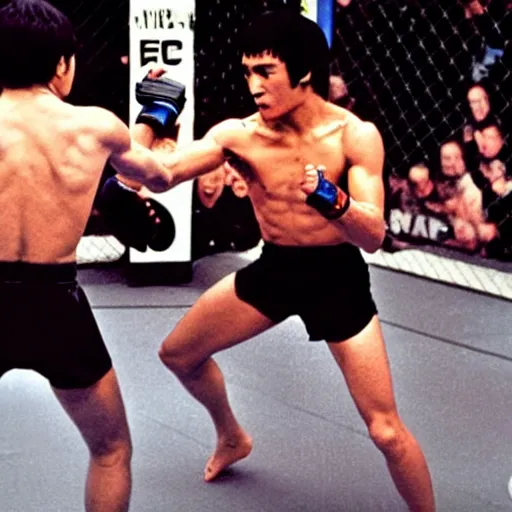 Prompt: Bruce Lee fights against Khabib Nurmagomedov in the UFC,