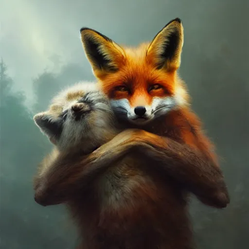 Prompt: A fox hugging the world, dark, intricate, highly detailed, smooth, artstation, digital illustration by Ruan Jia and Mandy Jurgens and Artgerm and Wayne Barlowe and Greg Rutkowski and Frank Frazetta