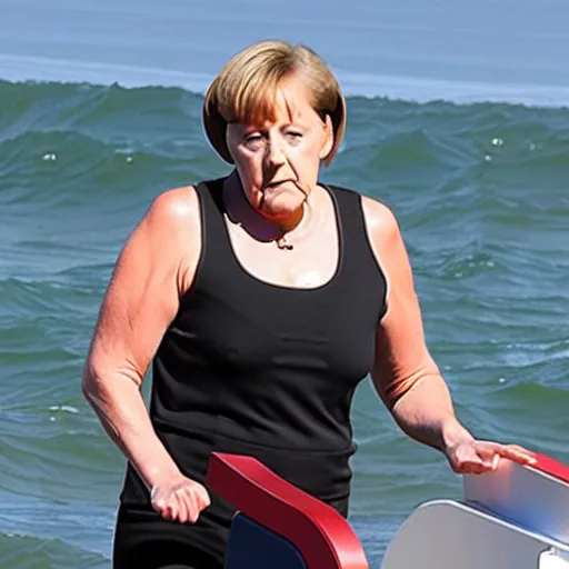 Image similar to angela merkel working out at muscle beach l. a., lots of muscles, good body