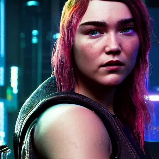 Image similar to florence pugh in cyberpunk 2 0 7 7, unreal engine 5 4 k, hyperdetailed photorealism