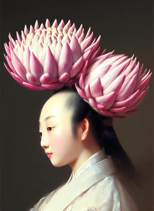 Image similar to stunning chinese princess, detailed pink and white protea head peace against a black backdrop by ivan aivazovsky, wlop, super sharp details, photorealism, 5 0 mm lens, oil painting, beautiful soft lighting, muted colours, artstation