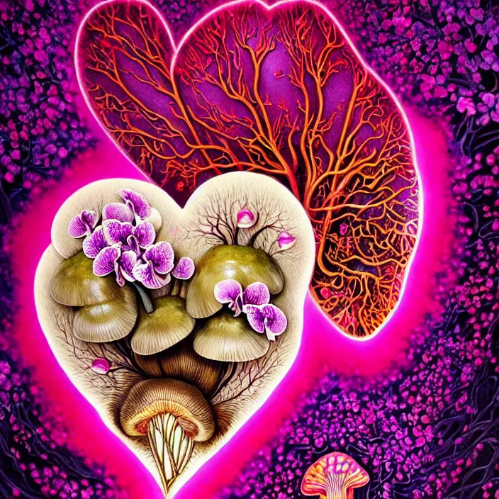 Image similar to extremely psychedelic organic human heart made of orchid and cherry blossom tree and mushroom, LSD heart, diffuse lighting, fantasy, intricate, elegant, highly detailed, lifelike, photorealistic, digital painting, artstation, illustration, concept art, smooth, sharp focus, art by John Collier and Albert Aublet and Krenz Cushart and Artem Demura and Alphonse Mucha