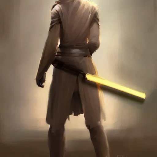 Image similar to full body Over-the-Shoulder Shot of a young blonde male jedi with short hair concept art by Doug Chiang cinematic concept art, realistic painting, high definition, digital art, matte painting, symmetrical, very detailed, realistic, dramatic lighting, cinematic, establishing shot, extremely high detail, photo realistic, cinematic lighting, post processed, concept art, artstation, matte painting, red color scheme, the Mandalorian concept art style