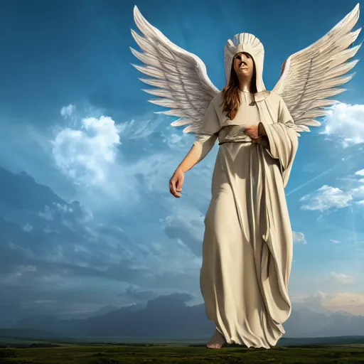 Prompt: gigantic biblical depiction of an angel towering over a vast landscape, cinematic, realistic, geometric body, photorealistic, detailed, white body, global illumination, volumetric lighting, 8 k, god rays, beautiful, majestic clouds