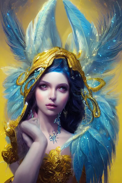 Image similar to beautiful princess with face covered with blue diamond crystals jewels wearing frost feathers, diamonds, angel, fantasy, yellow background beam, dramatic lighting, highly detailed, digital painting, magic the gathering, 3 d render, hyper realistic detailed portrait, peter mohrbacher, wlop, ruan jia