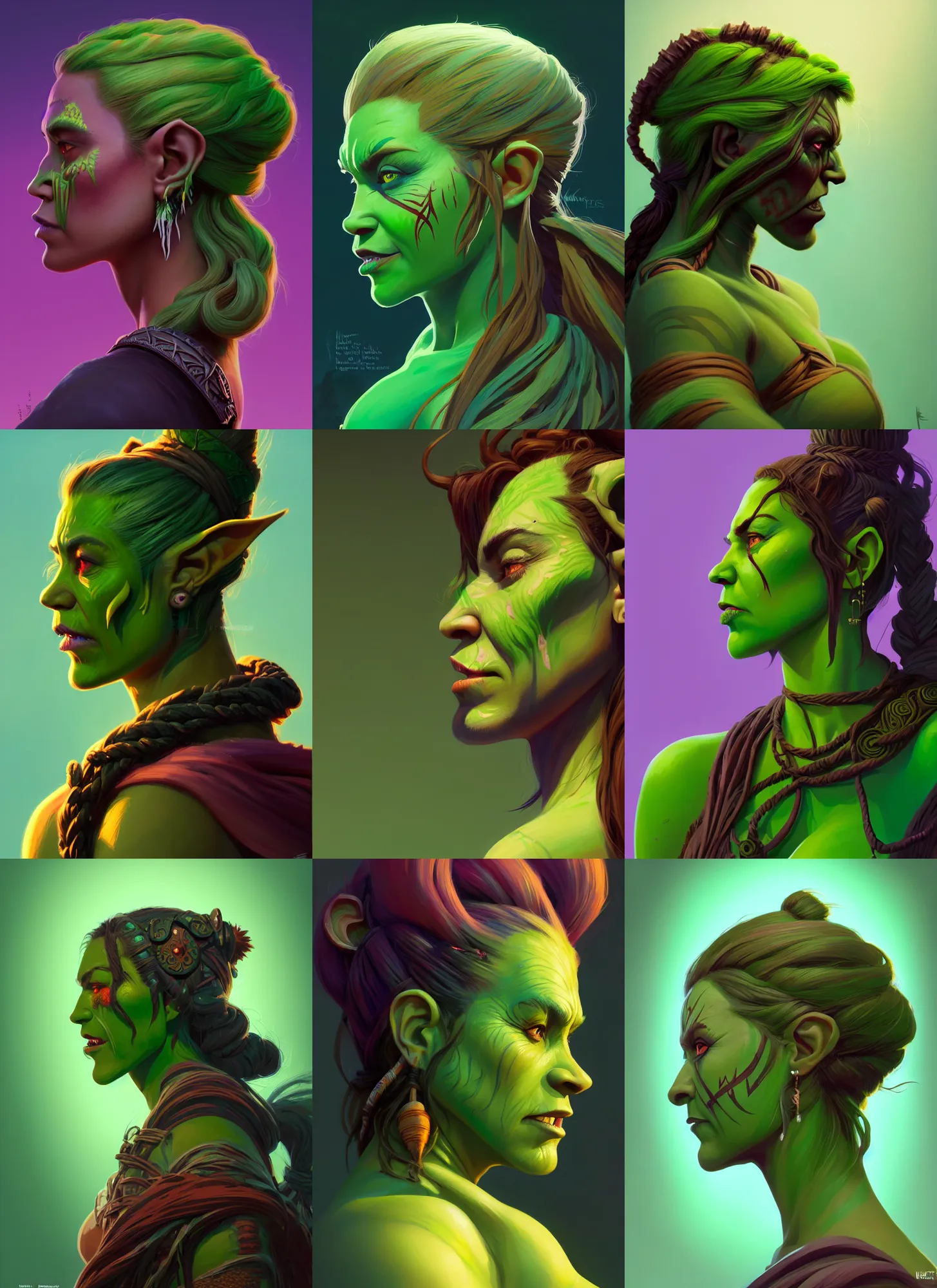 Prompt: side profile centered painted portrait, female orc forest druid, tribal, green skin, d & d, gloomhaven, matte painting concept art, art nouveau, beautifully backlit, swirly vibrant color lines, fantastically gaudy, aesthetic octane render, 8 k hd resolution, by ilya kuvshinov and cushart krentz and gilleard james