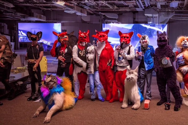 Image similar to furry convention on mars, animal costumes, 8 k photography, cyberpunk