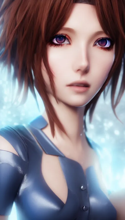 Image similar to render as a very beautiful 3d anime woman with short brown hair, blue eyes, heavy makeup, short smile, cinematic lightning, highly detailed, trending on Artstation, Unreal Engine 4k, cinematic wallpaper