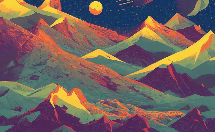 Image similar to mountains, stars and paisley filled sky, artstation, intricate, highly detailed, digital painting, concept art, sharp focus, illustration by tom whalen and charles williams and kilian eng and james jean