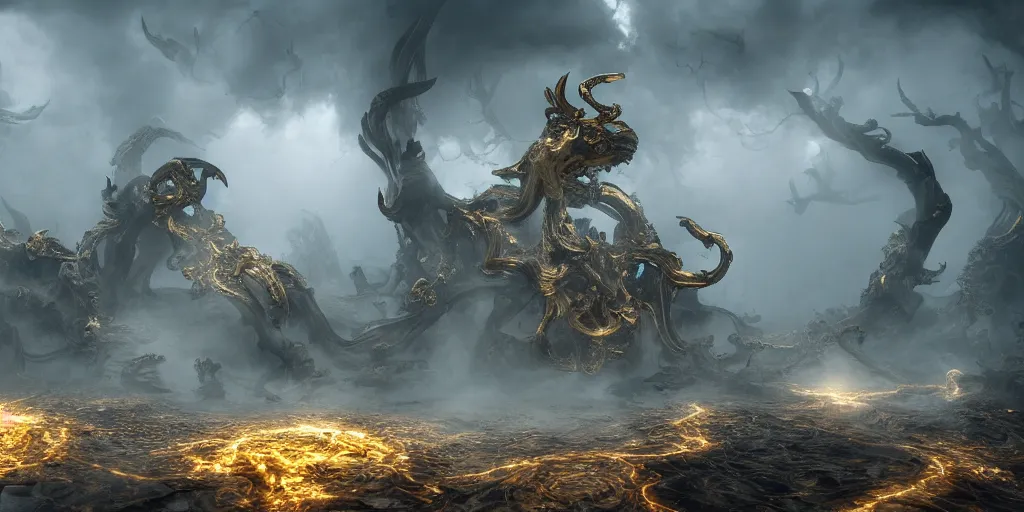 Image similar to white bird skulls, gold ram skulls, copper goat skulls, grand imposing powerful sculpture. swirls of mist. occult photorealism, uhd, amazing depth, volumetric lighting, cinematic lighting. epic landscape.