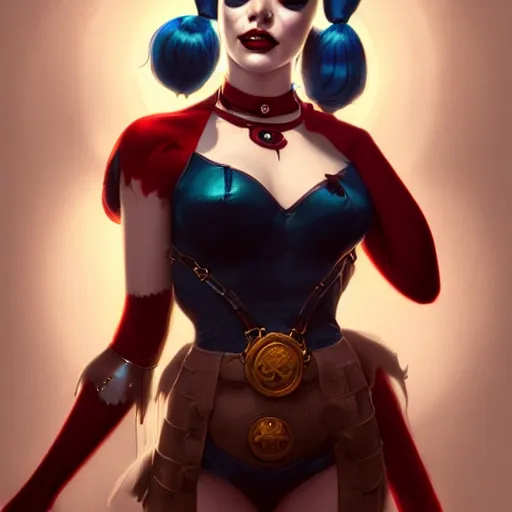 Image similar to of Harley Quinn, dark fantasy, medium shot, intricate, ornate, elegant, highly detailed, digital painting, volumetric light, artstation, concept art, smooth, sharp focus, illustration, art by Gil elvgren and charlie bowater and greg rutkowski and alphonse mucha