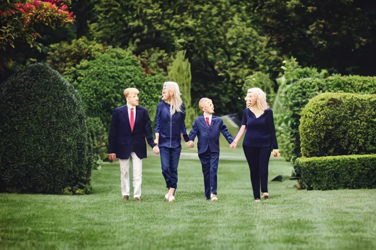 Prompt: 3 5 year old blonde female president, walking in the white house rose garden, holding hands with her two younger boyfriends, professional photo, dslr, bokeh