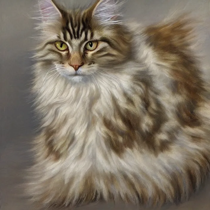 Image similar to A realistic renaissance oil painting of a Maine Coon cat, bi-colored with white and ginger fur, pale yellow eyes, portrait