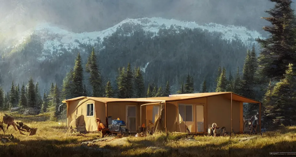 Prompt: cabela's beautiful comfortable community of modular insulated wall container home kit - house all weather family dwelling tent house, person in foreground, mountainous forested wilderness open fields, beautiful views, painterly concept art, environmental concept art, concept art illustration, by james gurney, by craig mullins, by greg rutkowski trending on artstation