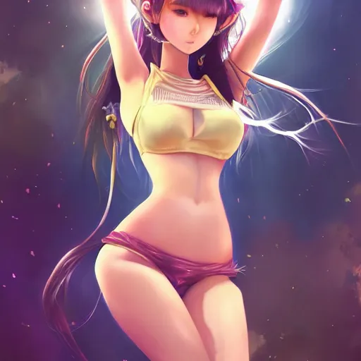 Prompt: full length portrait of a stunning korean kpop idol girl, athletic body, fantasy style, twintails, bare shoulders, belly button, bright atmospheric lighting, highly detailed, volumetrics, clear face, manga style, artstation, lineart, a sense of sensuality, extreme detail, insanely detailed and intricate, hypermaximalist, elegant