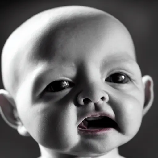 Prompt: soulless baby looking forward, glossy eyes, disfigured, dead appearance, high quality,