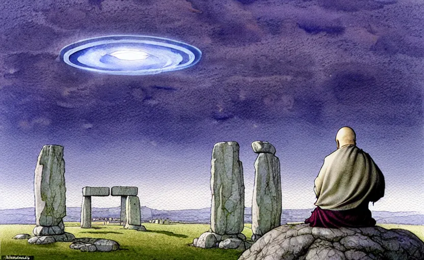 Prompt: a hyperrealist watercolour character concept art portrait of one small grey medieval monk kneeling down in prayer in front of a floating rock above a complete stonehenge monument on a misty night. a ufo is in the sky. by rebecca guay, michael kaluta, charles vess and jean moebius giraud