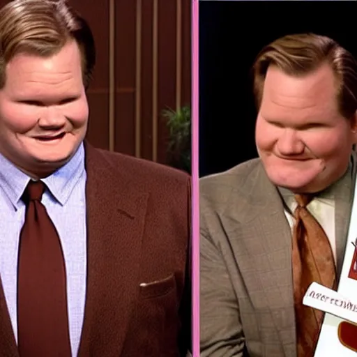 Image similar to Andy Richter is wearing a chocolate brown suit and necktie, holding a sign that reads Stop making these images of me of I WILL tell Conan!! Andy has a stern look on his face