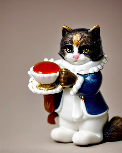 Image similar to high quality presentation photo of a a detailed porcelain figurine of a cute cat dressed as Napoleon holding a piece of chesse, photography 4k, f1.8 anamorphic, bokeh, 4k, Canon, Nikon