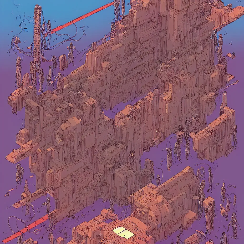 Prompt: a illustration of giants cyborgs building futuristic house, fine art, intrincate, by moebius, jean giraud & kilian eng