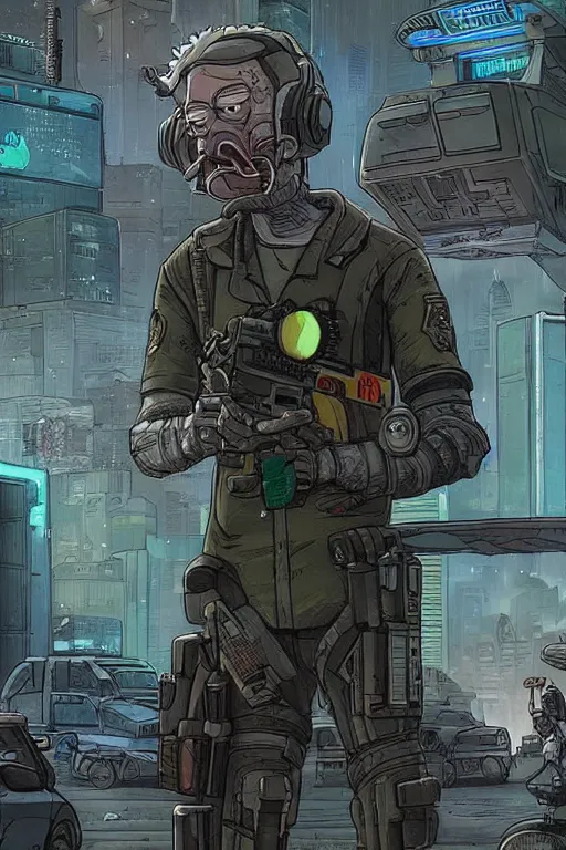 Prompt: Rick and morty. blackops mercenary in near future tactical gear, stealth suit, and cyberpunk headset. Blade Runner 2049. concept art by James Gurney and Mœbius.