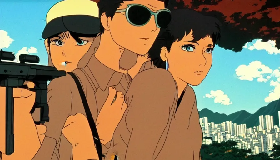 Image similar to 1 9 8 6 movie screencap of a couple with a gun on a rio de janeiro, gucci clothes, studio ghibli sky, beautiful favela background extremely utra high quality artwork 8 k