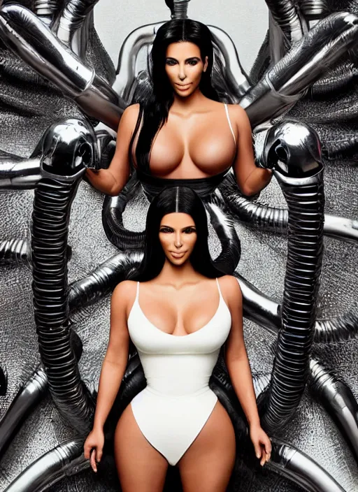 Image similar to photo still full pov of a kim kardashian with a alien facehugger over her face, cinematic full shot.