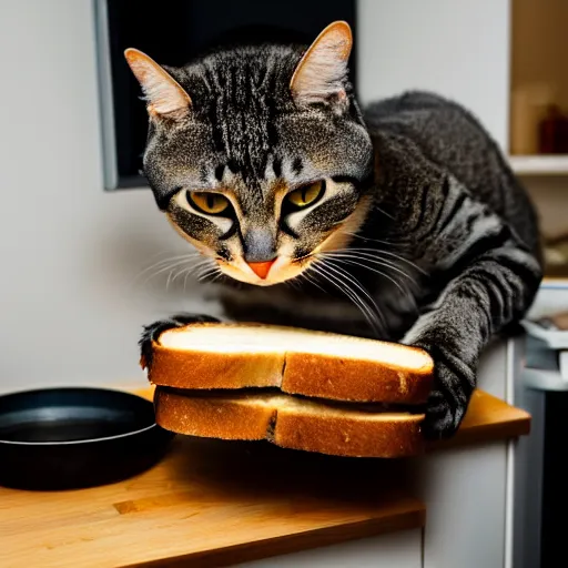 Image similar to an anthropomorphic cat makes a ham sandwich in a kitchen, 85mm f1.8