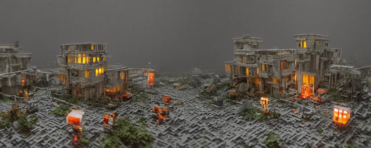 Prompt: mega detailed miniature voxel diorama abandoned research facility, brutalism architecture, tilt shift suburban, hard lights are on in the windows, dark night, fog, winter, blizzard, uncozy and not peaceful atmosphere, row of street lamps with warm orange light, several ruins nearby, cold war era 1 9 6 0