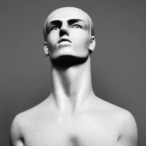 Image similar to “ a realistic detailed photo of a guy who is an attractive humanoid who is half robot and half humanoid, who is a male android, soccer player antoine griezmann, shiny skin, posing like a statue, blank stare, at the museum, on display ”