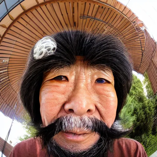 Image similar to Fisheye selfie of an old japanese man with long beard, extreme fisheye