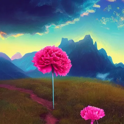 Image similar to giant carnation flower as a head, girl hiking in the mountains, surreal photography, sunrise, dramatic light, impressionist painting, colorful clouds, digital painting, artstation, simon stalenhag