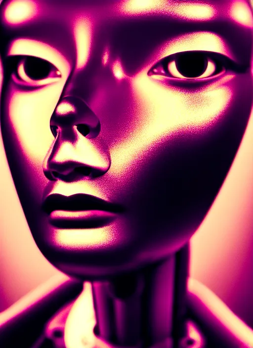 Image similar to a beautiful young female futuristic robot profile face photo, daguerrotype, closeup - view, f / 2. 8, low contrast, 1 6 k, beautiful lighting, reflective, insanely detailed and intricate, hypermaximalist, elegant, ornate, hyper realistic, super detailed, surreal dreamy poetic