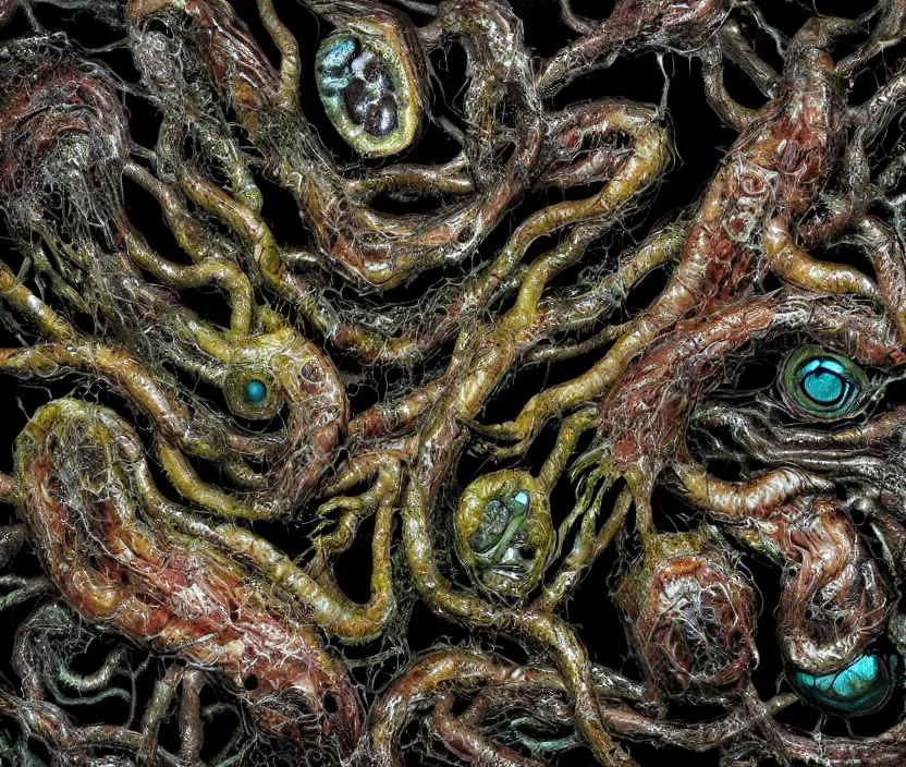 Image similar to a high resolution photo of a complex slimey creature nature forest, grown together various animal eyes, computer veins wrinkles, cracked plastic wrap, gills morph scales merged in fur skin, wrinkled muscles skin, veins merged feet head, displacement, black hole, distorted animal head face eyes arms tail