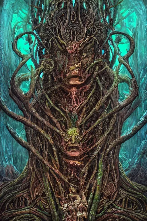 Image similar to 8k overdetailed maximalist ent darkfantasy art by oleksandra shchaslyva cinematic symmetric portrait of an ancient ent god emperor. Centered, uncut, unzoom charachter illustration. Ayahuasca visual manifestation. Surreal render, ultra realistic, zenith view. Inspired by giger feat peter gric and bekinski. Overpainted by salviadroid. Slightly Decorated with Sacred geometry and fractals. Extremely ornated. artstation, cgsociety, unreal engine, ray tracing, detailed illustration, hd, 4k, digital art, overdetailed art. Intricate omnious visionary darkscifi fantastic realism concept art. complementing colors. Trending on artstation, deviantart