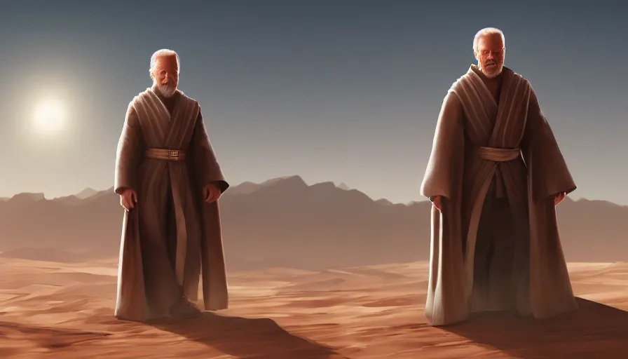 Prompt: joe biden is obi - wan kenoby, desert in the background, hyperdetailed, artstation, cgsociety, 8 k