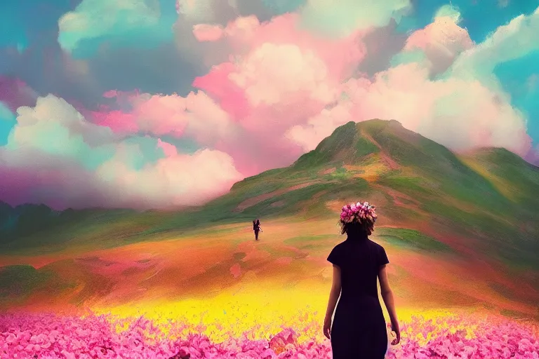 Prompt: giant dahlia flower crown as head, girl walking on mountain, surreal photography, pink storm clouds, dramatic light, impressionist painting, digital painting, artstation, simon stalenhag