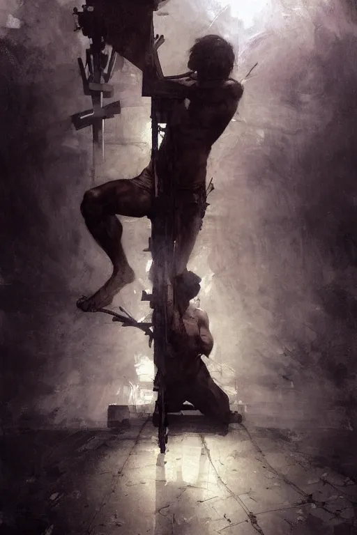 Image similar to man kneeling at the foot of a wooden cross, dramatic lighting art by Yoji Shinkawa by Richard Schmid by greg rutkowski by Sandra Chevrier by Jeremy Lipking cinematic dramatic, by frank miller, illustration by Ruan Jia and Mandy Jurgens and William-Adolphe Bouguereau, Artgerm, 4k, digital art, surreal, space dandy style, highly detailed, godsend, artstation, digital painting, concept art, smooth, sharp focus, illustration by Ruan Jia and Mandy Jurgens and William-Adolphe Bouguereau, Artgerm