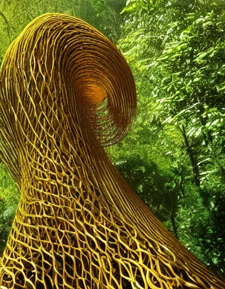 Image similar to vintage color photo of a giant 1 1 0 million years old abstract sculpture made of liquid gold covered by the jungle vines