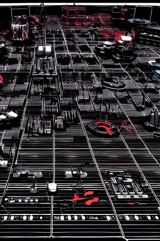 Image similar to drum machines and synththezisers, modular, in the style of akira, tron, sculpted by gaudi