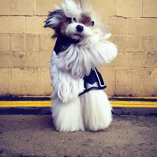 Image similar to cream colored havanese dog with a superhero cape and mask, tight shot, futuristic city, dusk, highly coherent, saga comic, graphic novel, fiona staples
