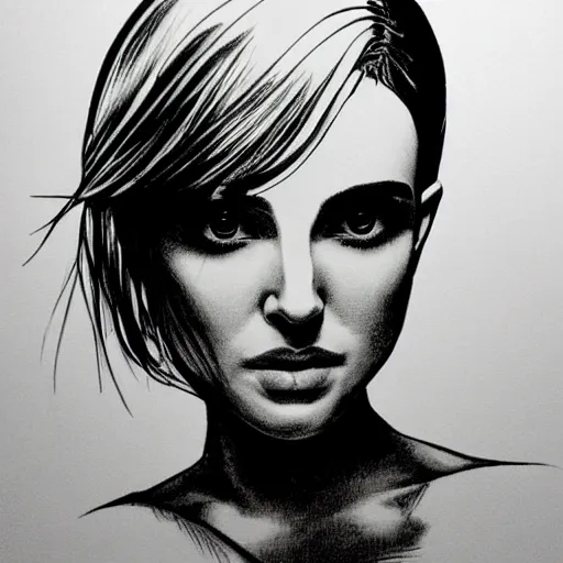 Image similar to a black and white ink-Manga portrait of Natalie Portman