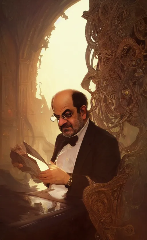 Image similar to portrait of salman rushdie, deep focus, d & d, fantasy, intricate, elegant, highly detailed, digital painting, artstation, concept art, matte, sharp focus, illustration, art by artgerm and greg rutkowski and alphonse mucha