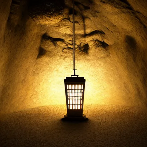 Image similar to japanese lamp inside a cave, photorealistic rendering, atmospheric light, octane, redshift