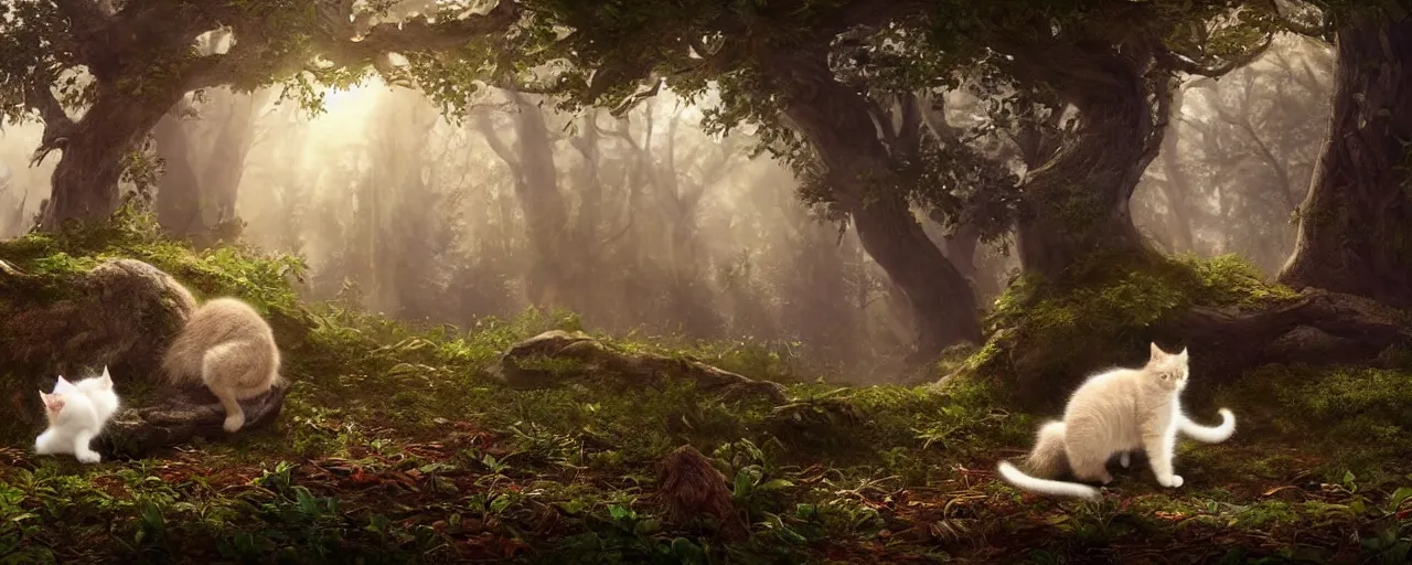 Image similar to a giant leaning down trying to pet a kitten with a magical forest background, beautiful dynamic lighting, cinematic, wide angle establishing shot, extremely high detail, photo realistic, cinematic lighting, post processed, concept art, artstation, matte painting, style by Anne-Louis Girodet , unreal engine 8k